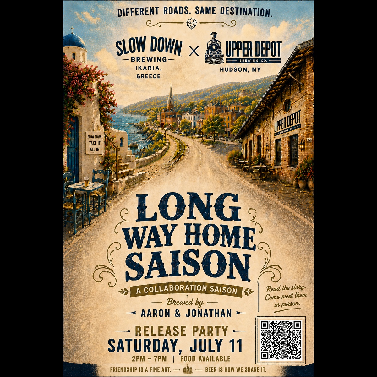 Long Way Home Saison release party poster — Saturday July 11, 2–7 PM, Upper Depot Brewing Co, Hudson NY